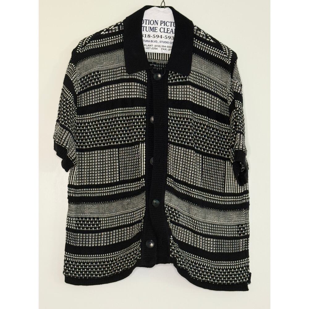 Men's Mr. P Black and White Knit Striped Button Down Shirt Small-Medium NEW